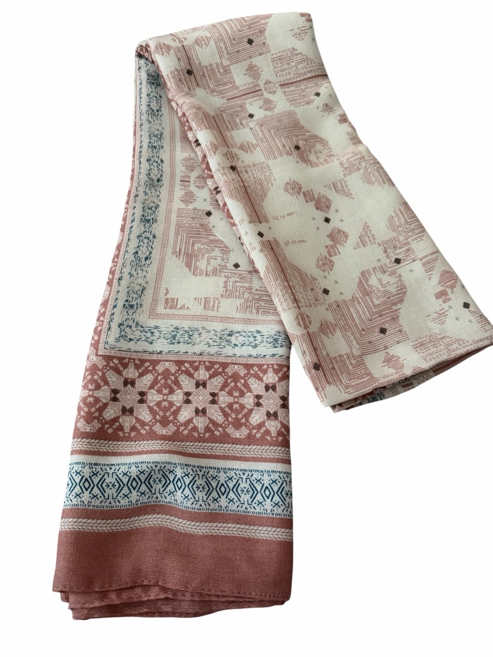 Patterned Oblong Scarf in Dusty Rose, Cream & Blue